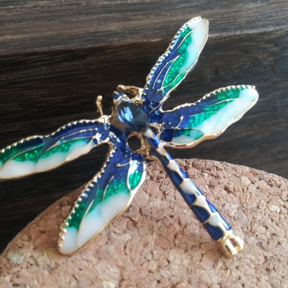Beautiful Blue/Green Enamel Dragonfly Brooch